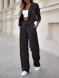 Women Striped Suit Set Long Sleeve Notched Collar Wide Leg <b>Pants</b> With Pockets Casual Autumn Wear 100% Polyester Woven Fabric - Product Image 2