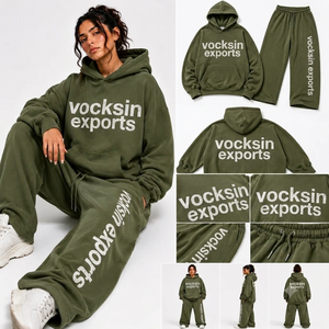 Vocksin Ensemble de survêtement unisexe vert olive, sweat à capuche oversize et pantalon large en coton épais, tenue streetwear premium à séchage rapide - Product Image 3