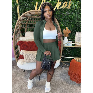 Custom Women Casual Two Piece Set <b>Long</b> Sleeve Zip Up V-Neck Top and <b>Pleated</b> Mini <b>Skirt</b> Matching Outfits Sporty Streetwear Tracks - Product Image 4