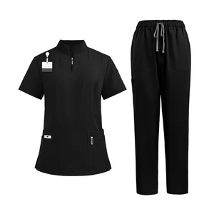 Ensemble de blouses médicales personnalisées unisexe en coton et polyester noir, uniforme d'hôpital, haut et pantalon avec poches et porte-badge - Product Image 2