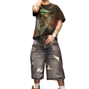 Shorts en jean tissé coupe droite pour homme, style streetwear d'été, coupe ajustée, effet vintage délavé, jorts décontractés, imperméables, écologiques, avec poches - Product Image 2