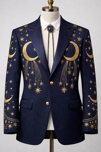 Men’s Navy Blue Celestial Embroidered Suit <b>Set</b> – Western Cowboy Star & Moon Designer <b>Blazer</b> with Pants - Product Image 2