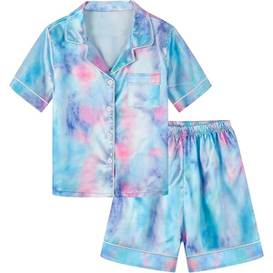 Conjunto de Pijama de Satén Tie Dye para Mujer, Manga Corta, Botones al Frente, Ropa de Dormir Informal de Verano, Pantalones Cortos de Talle Medio, Conjunto de 2 Piezas - Product Image 1
