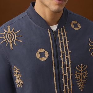 Men'<b>s</b> Navy Blue Bomber <b>Jacket</b> With Hand Embroidered Geometric Patterns Stand Collar Zipper Closure Casual Style - Product Image 6
