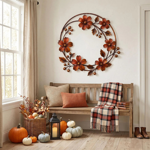 Rustic Metal Autumn Wreath Crafted With Oak Leaves, Twigs, And Acorns, Festive Thanksgiving Harvest <b>Front</b> <b>Door</b> Home <b>Decoration</b> - Product Image 6