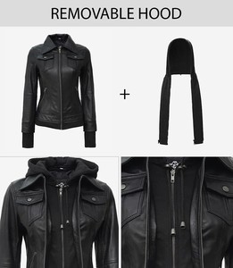 Chaqueta Bomber de Cuero Genuino para Mujer, con Capucha Desmontable, Negra, Corte Ajustado, Estilo Moto, Teñido Satinado, Impermeable, Resistente al Viento, Personalizable OEM, Venta al Por Mayor - Product Image 5