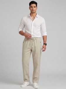 Men's <b>Light</b> Beige Linen Drawstring Waist Casual <b>Trousers</b> Lightweight Elastic Waist Summer Style Flat Front Pants - Product Image 2