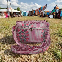 Tas Selempang Wanita Bohemian Motif Bunga Buatan Tangan, Bahan Katun Berlapis, Penutup Ritsleting Bunga, Lapisan Katun, Tali Tunggal