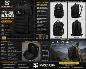 Sac à dos tactique SUPER FEEL 45L, résistant à l'eau, en polyester, système MOLLE, multifonction, unisexe, pour la randonnée, le camping et les voyages en plein air - Product Image 1