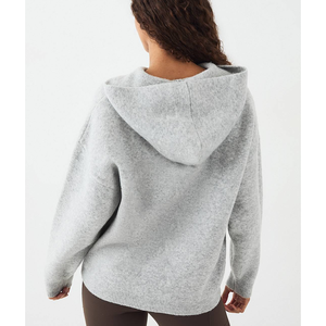 Sudadera con capucha de punto sin cordones para mujer, de peso pesado, transpirable, teñido liso, de manga larga, para primavera, top deportivo con capucha - Product Image 6