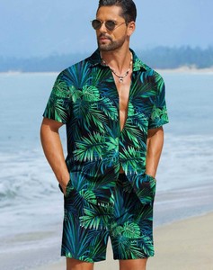 Conjunto de Camisa de Manga Corta con Estampado Tropical y Pantalones Cortos a Juego para Hombre, Atuendo Casual de Playa para Verano, Tejido de Poliéster Transpirable - Product Image 1