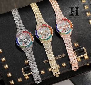 Reloj de Lujo para Hombre con Bisel Arcoíris, Reloj de Pulsera HipHop con Diamantes de Imitación en Oro, Cronógrafo con Piedras de Corte Baguette Coloridas - Product Image 3