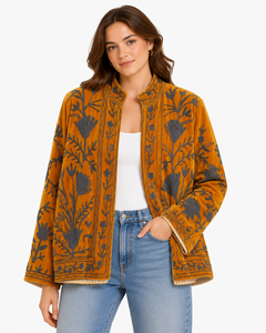 Women Velvet Embroidered <b>Jacket</b> Mandarin Collar Lantern Sleeve Floral Boho Style Autumn Coat Handmade Suzani <b>Pattern</b> - Product Image 1