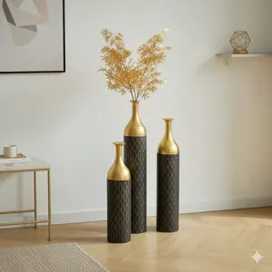 Vase à fleurs haut de gamme en fer doré, élégant, sur pied, moderne, en métal, pièce d'appoint - Product Image 3