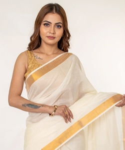 Sari Kelera de Algodón Puro, Sin Arrugas, de Secado Rápido, para Mujer, Tradicional, para Boda, Étnico Indio, Largo hasta el Suelo, con Borde Dorado, Regular - Product Image 5