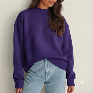เสื้อสเวตเชิ้ตคอเต่าทรงโอเวอร์ไซส์สำหรับผู้หญิง สีม่วงล้วน ผ้าฝ้ายถัก แขนยาว ดีไซน์ไม่สมมาตร สวมใส่สบายๆ ในฤดูใบไม้ร่วง - Product Image 1