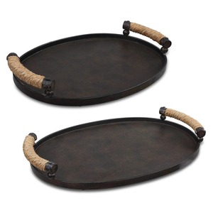 Juego de 2 bandejas decorativas ovaladas de metal con asas de cuerda, estilo industrial antiguo. - Product Image 2