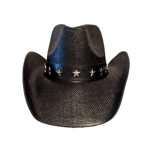 Sombrero de vaquero de fieltro color carbón oscuro con acabado desgastado y banda de cuero con estrellas incrustadas. - Product Image 3