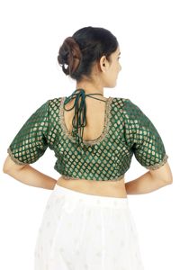 <b>Green</b> Embossed <b>Crop</b> <b>Top</b> Blouse for Women Short Sleeve V Neck Ethnic <b>Top</b> with Embroidery Woven 100% Silk for Wedding Party - Product Image 3