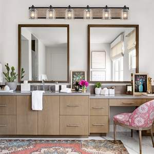 Lámpara de Pared Moderna de Diseño Industrial para Baño, 6 Luces, Pantallas de Vidrio Transparente, Acabado en Madera Negra, 49 Pulgadas - Product Image 5