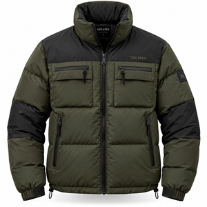 Men's Olive Green Puffer Jacket <b>Stand</b> Collar Zip Up Winter <b>Coat</b> Warm Casual Outdoor Streetwear Custom Private Label - Product Image 1