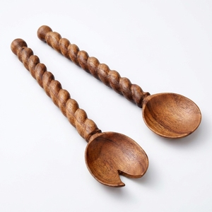 Juego de servidores de ensalada decorativos de mimbre/ratán del Suroeste con mango con cuentas, hecho a mano, para montar en la pared de la sala de estar, adorno para el interior del hogar - Product Image 1