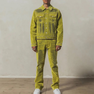 Ensemble veste en jean et pantalon évasé unisexe vert vintage avec logo personnalisé, rivets et flocage, écologique et respirant, style streetwear - Product Image 4