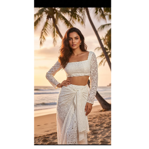 Conjunto de Top Corto Bordado Blanco y Falda Drapeada, Conjunto de Top Corto Chikankari Blanco y Falda Cruzada, Conjunto de Ropa de Playa Bordada - Product Image 3