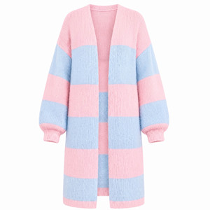 Cárdigan Largo de Punto para Mujer, con Bloques de Color Rosa y Azul, Manga Farol, Frente Abierto, Ropa Casual de Invierno - Product Image 1
