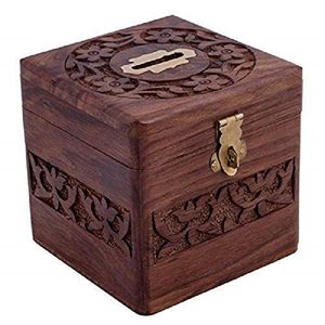 Wooden Small Money Bank Coin <b>Box</b> for Money Storage Money Bank Big Size Money Bank with <b>Lock</b> Gullak for Kids (Brown) - Product Image 1