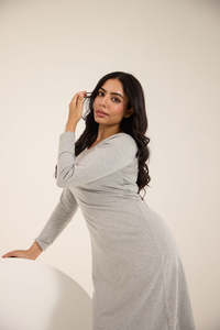 Vestido Midi Gris Sencillo de Punto, Cuello Redondo, Manga Larga, Estilo Tubo, Casual, para Uso Diario, Transpirable, Corte Regular, Color Sólido, Manga Completa - Product Image 3