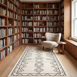 Tapis de couloir exclusif en laine bouclée tissée à la main, style scandinave, crème et noir, couleur unie, antidérapant, à poils moyens, avec support en toile de coton - Product Image 2