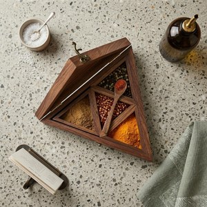 Wooden <b>Spice</b> <b>Box</b> Triangular Shape with Four Containers, Indian Rosewood Crafted - Gift for Her - Product Image 6
