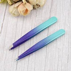 Pinzas para pestañas de acero inoxidable con punta suave y mango degradado, herramientas de maquillaje en rosa, azul y morado - Product Image 6