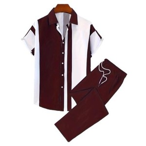 Men's Plus Size Color Blocked Short Sleeve Shirt And Pants <b>Set</b> Casual Summer Wear Blue White <b>Knitted</b> Polyester - Product Image 2