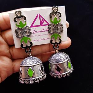 German <b>Silver</b> Black and Green Enameled Chandelier Hoop <b>Stud</b> Earrings - Product Image 1