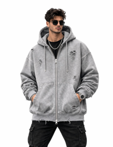Sweat à capuche zippé gris délavé pour homme, coupe oversize, style vintage, effet usé, en molleton, streetwear, avec poches - Product Image 1