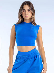 Haut court sans manches en coton et bambou écologique pour femme, bleu uni, col rond, tissé, broderie 3D, respirant et ajusté - Product Image 3