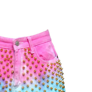Mid Waist for Wash Skinny Fit Dip Dye Denim <b>Shorts</b> Rivet <b>Decoration</b> Gradient Color Y2K Style Frayed Hem Button Fly Closure - Product Image 2