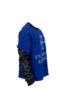 Custom High Quality Men Vintage Royal Blue Distressed Rhinestone Cross Graphic Oversized Heavyweight <b>Waffle</b> Fabric Sleeve 320g - Product Image 3