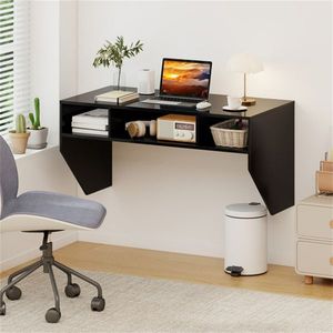 Scrivania per Computer Nera a Parete, Pieghevole in 3 Parti, con Cubi Portaoggetti, Robusta Postazione di Lavoro in MDF per Ufficio Domestico, Design Semplice - Product Image 2