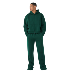 Chándal con Capucha Verde Oscuro, Cierre de Cremallera, Color Sólido, Estilo Casual con Bolsillos Laterales, Estilo Otoñal - Product Image 1