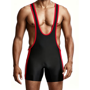 Singlet de Lucha Libre para Hombre, Negro con Ribete Rojo, Sin Mangas, Ajustado, de Spandex y Poliéster, Ropa Deportiva, Cuello en V Profundo, Cintura Elástica, Para Toda Temporada - Product Image 1