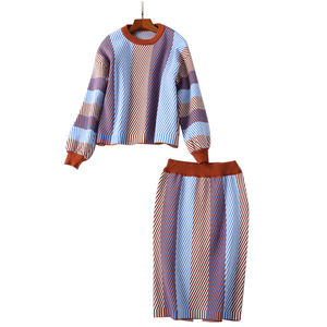 Autumn Winter Fashion Sweater Sets Women Striped Patterns Knitted Jumpers Mid-Calf Length Knit <b>Skirt</b> Suit Casual Knitwear - Product Image 1