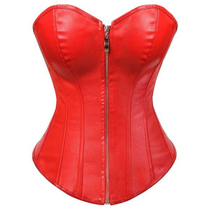 Red PU Leather <b>Corset</b> <b>Waist</b> <b>Trainer</b> Women's Strapless Zipper Closure Bustier Outer Wear Gothic Anti-bacterial Chain Embroidery - Product Image 1