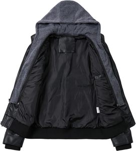 <b>Men</b> Black PU <b>Leather</b> Moto Biker <b>Jacket</b> Hooded Zipper Front Solid Color Autumn Style Slim Fit Regular Sleeve - Product Image 2