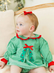 Embroidery Girl <b>Dress</b> High Quality Girls Green Gingham <b>Christmas</b> Tree Applique <b>Dress</b> With Red Peter Pan Collar And Puff Sleeves - Product Image 5