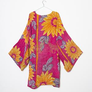 Indian Handmade Kantha Quilt Short <b>Jacket</b> <b>Kimono</b> Women Wear Front Quilted <b>Jacket</b> Sun Flower Block Print Dress Winter - Product Image 3