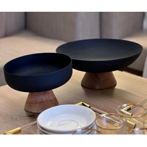 Minimalist Matte Black Metal Serving Bowl Set Elevated On Smooth Pedestal Wooden Bases Ideal For Contemporary Tabletop Displays - Product Image 5