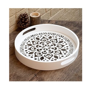 White <b>Round</b> <b>Serving</b> <b>Tray</b> with Floral Cutout Pattern and Handles for Residential Use - Product Image 1